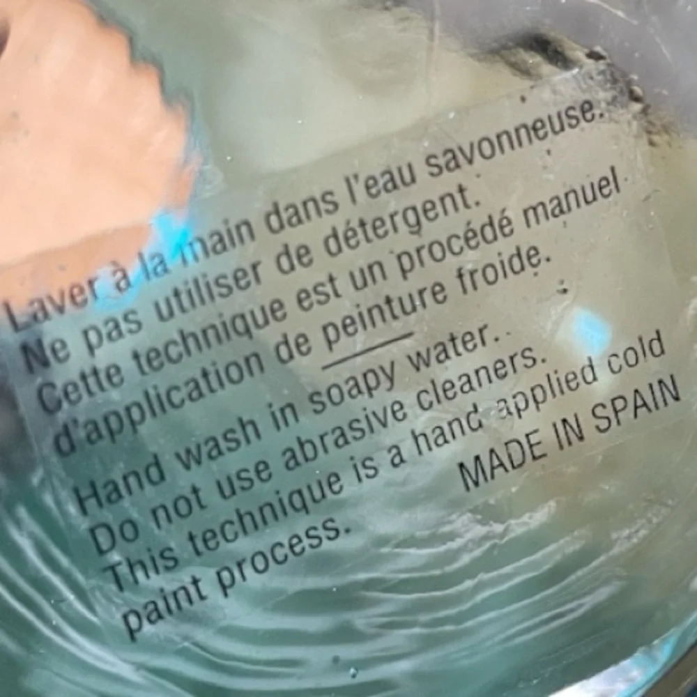 Large glass vase, aqua colored using hand applied cold paint process, made Spain